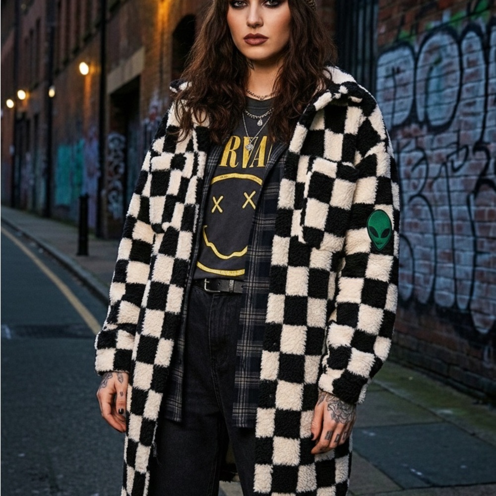 Dressed In LaLa Out of this World Checkered Black and White Women's Coat